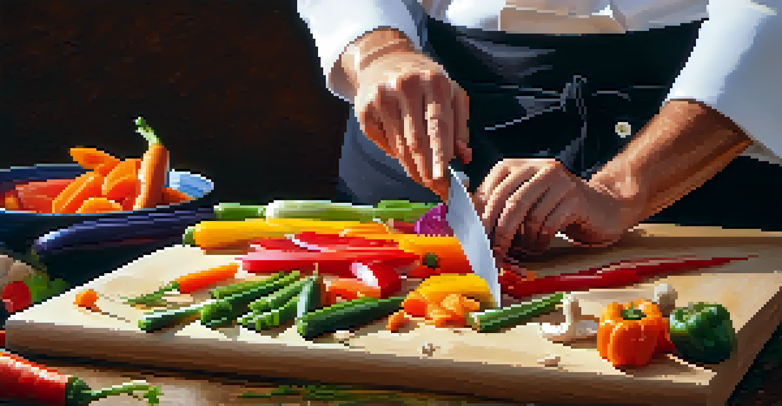 A chef chopping colorful vegetables on a cutting board, highlighting the knife and fresh ingredients.