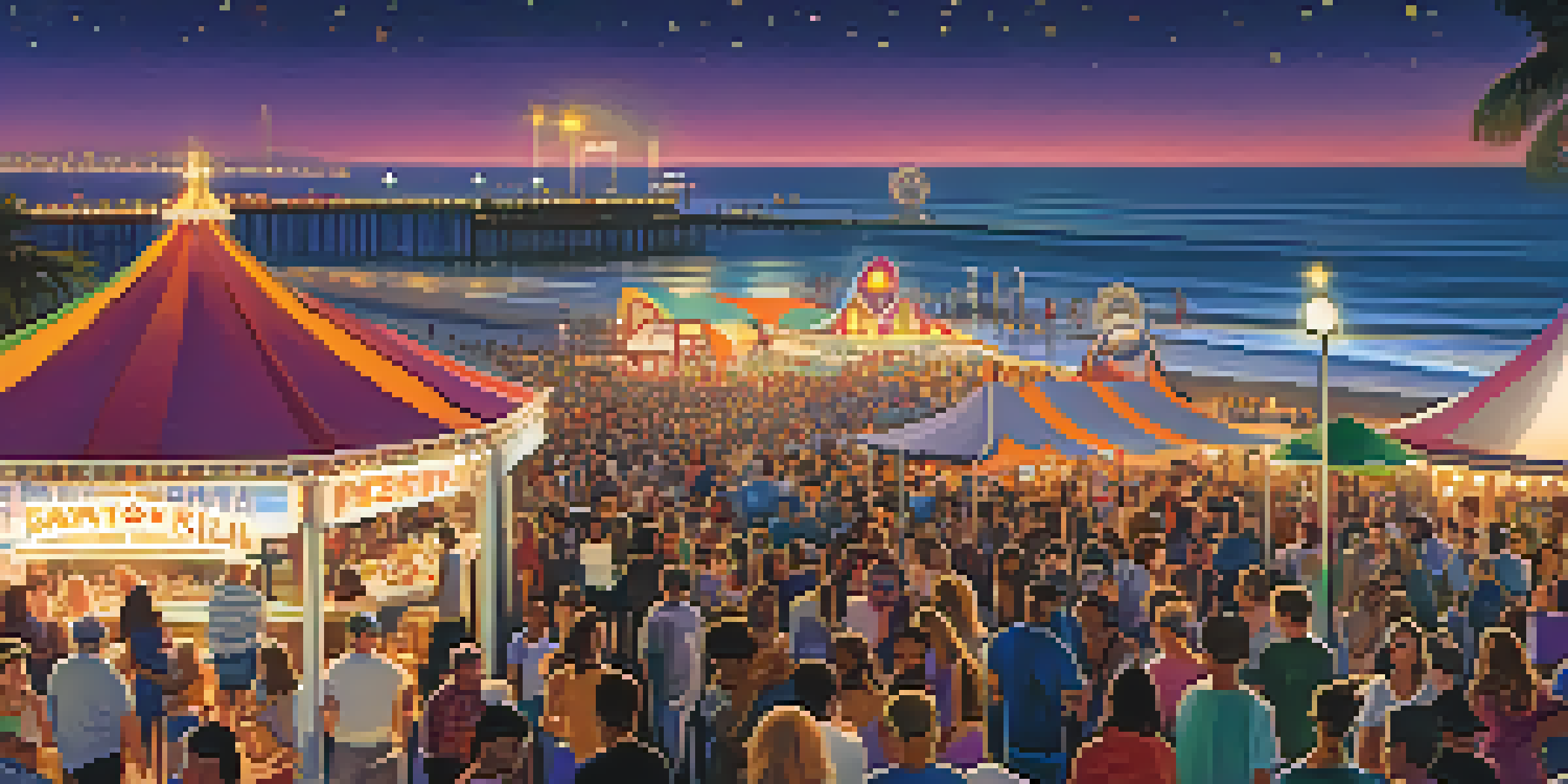 A lively outdoor concert at Santa Monica Pier with people of different ages enjoying music, food stalls in the background, and a beautiful sunset over the ocean.