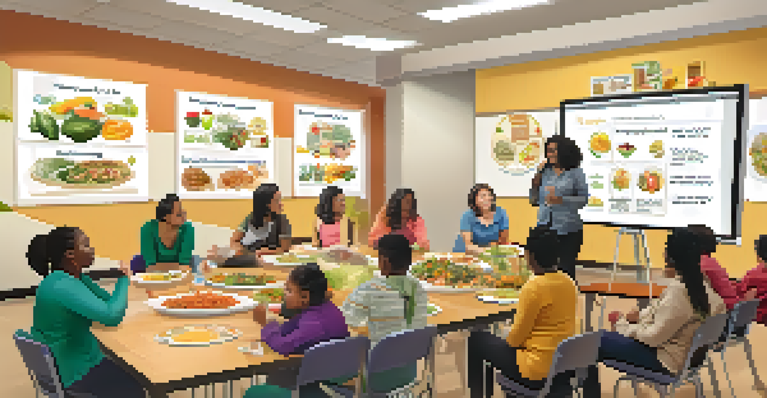 A nutrition education session demonstrating meal planning, with a facilitator and diverse participants in a bright community center.