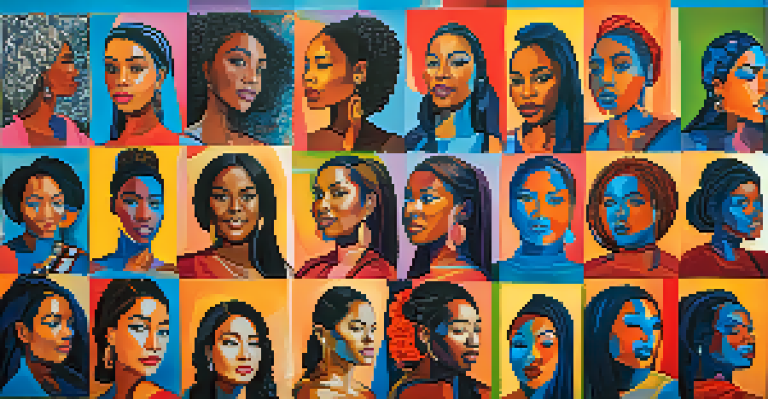 A mural celebrating women with portraits of diverse figures, showcasing strength and empowerment.