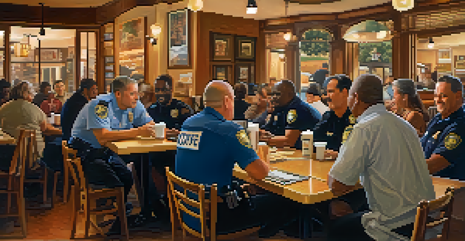 A cozy café setting with police officers and community members enjoying coffee and engaging in friendly conversations.