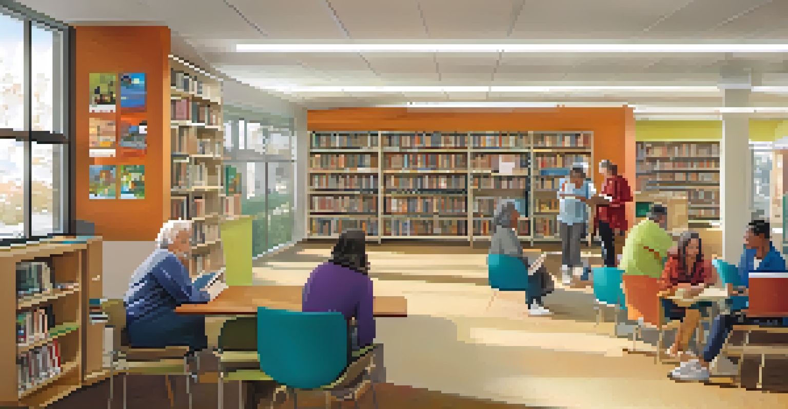 A cozy reading nook inside the Pico Branch Library, showing seniors participating in a tech class amidst colorful artwork.