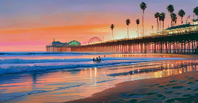 A picturesque sunset over Santa Monica's coastline, featuring sandy beaches, palm trees, and the illuminated Santa Monica Pier.