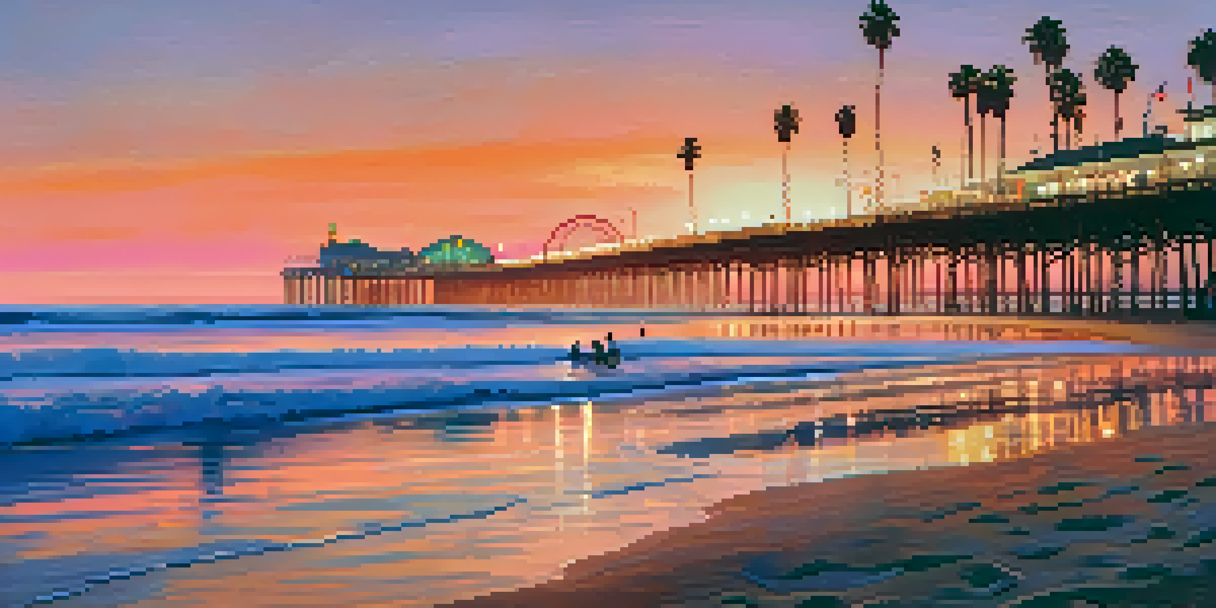 A picturesque sunset over Santa Monica's coastline, featuring sandy beaches, palm trees, and the illuminated Santa Monica Pier.