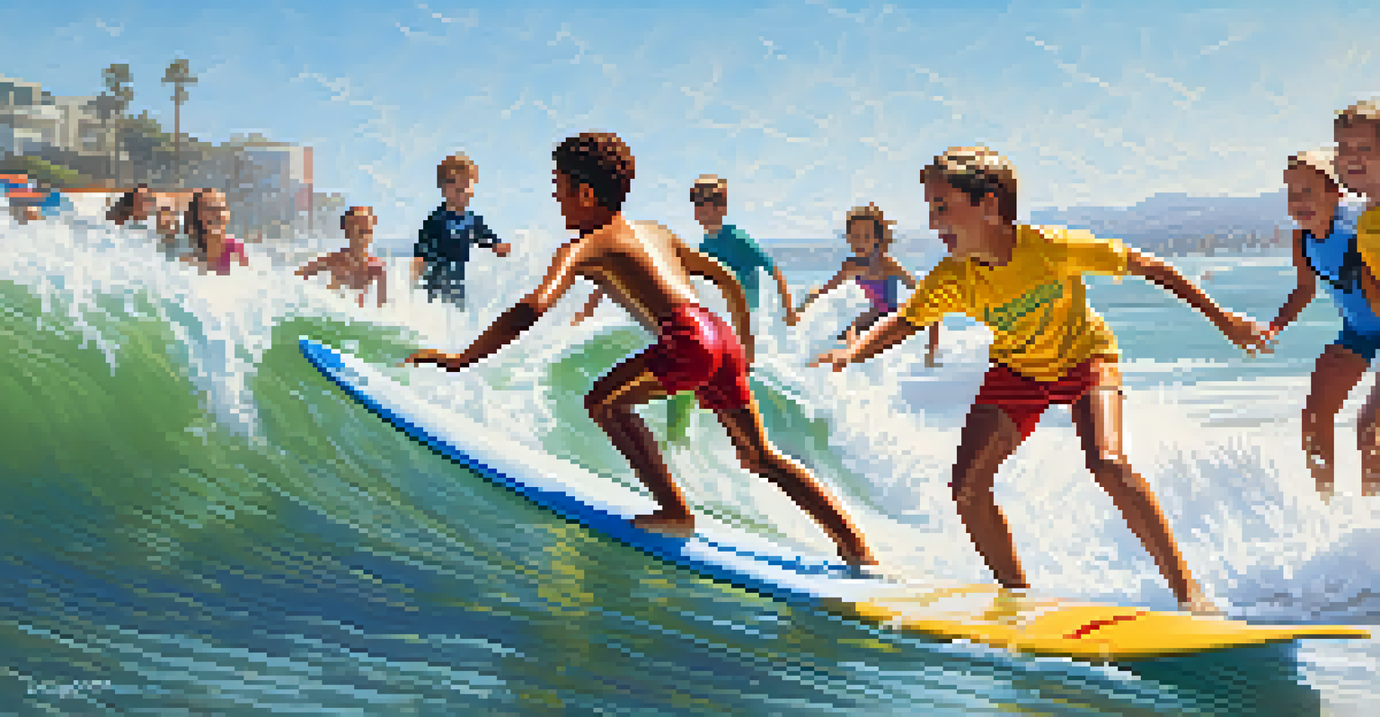 Kids learning to surf at Santa Monica beach, catching waves with surfboards and an instructor.