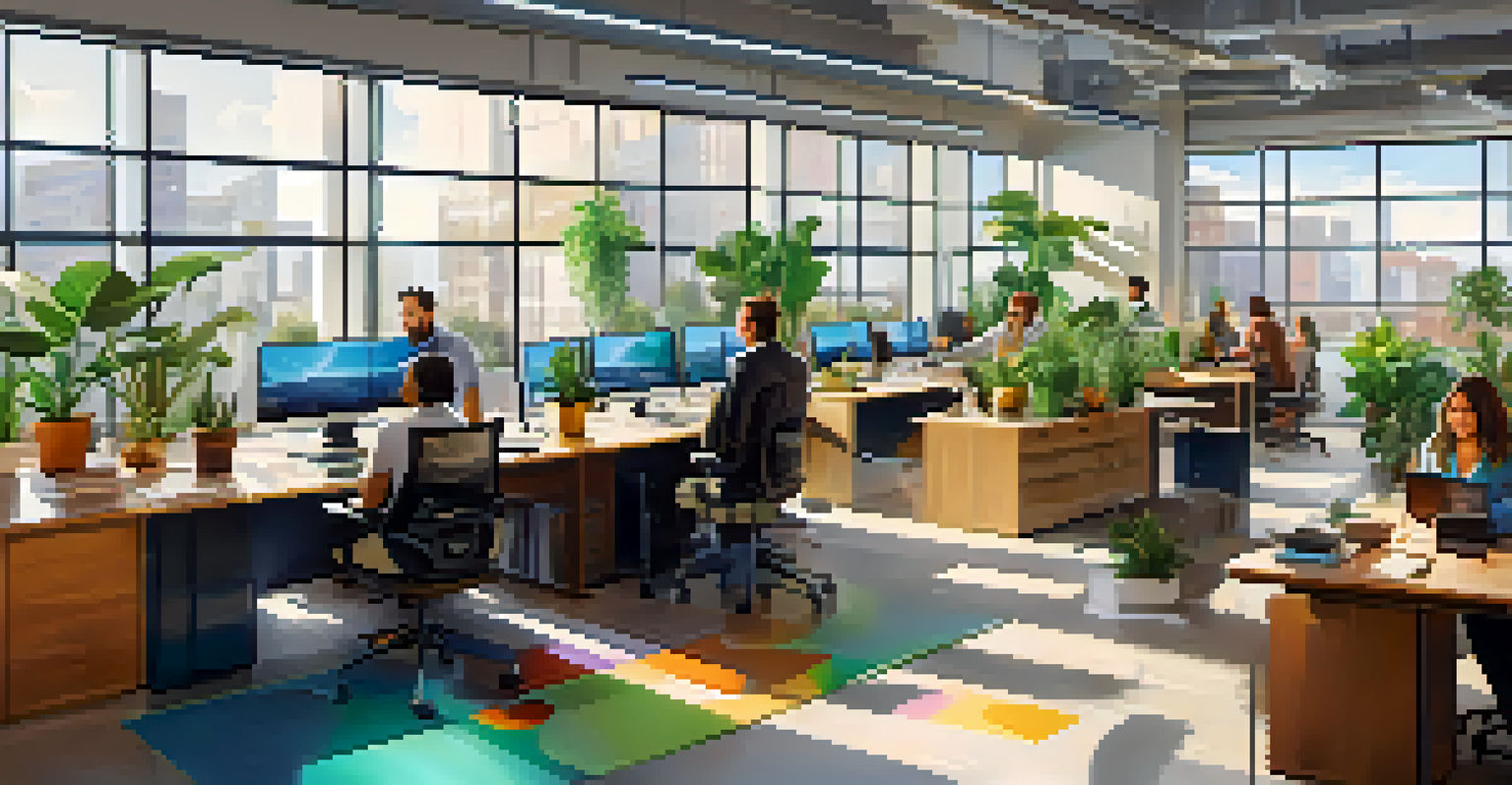 A bright office space with diverse employees participating in a video conference, surrounded by plants and natural light.