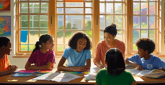 A diverse group of students working together on a project in a bright classroom filled with art supplies and cultural posters.