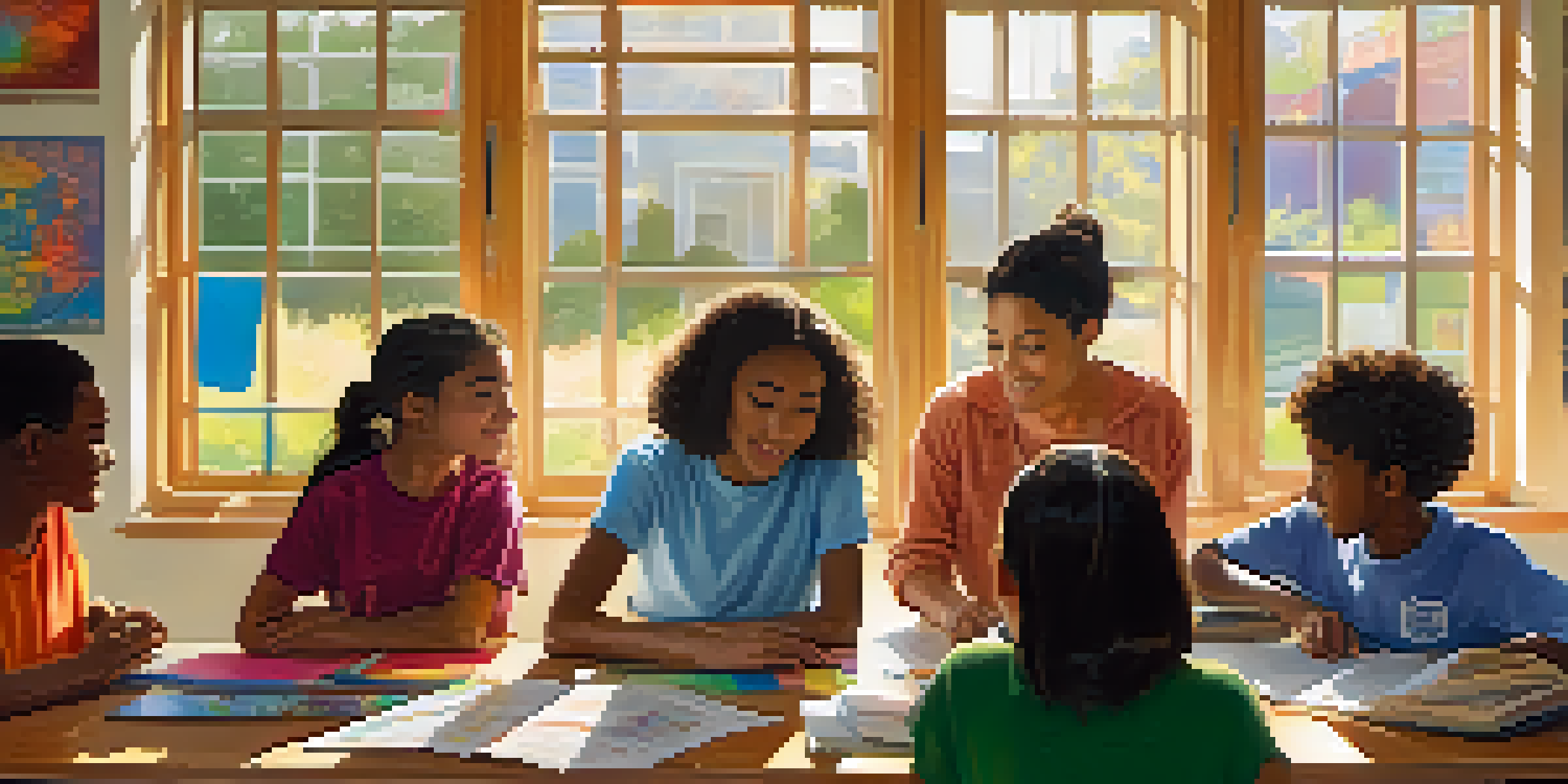 A diverse group of students working together on a project in a bright classroom filled with art supplies and cultural posters.