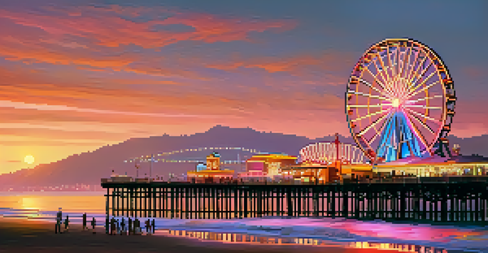 A colorful sunset view of Santa Monica Pier with families enjoying rides and street performers, illuminated by twinkling lights.