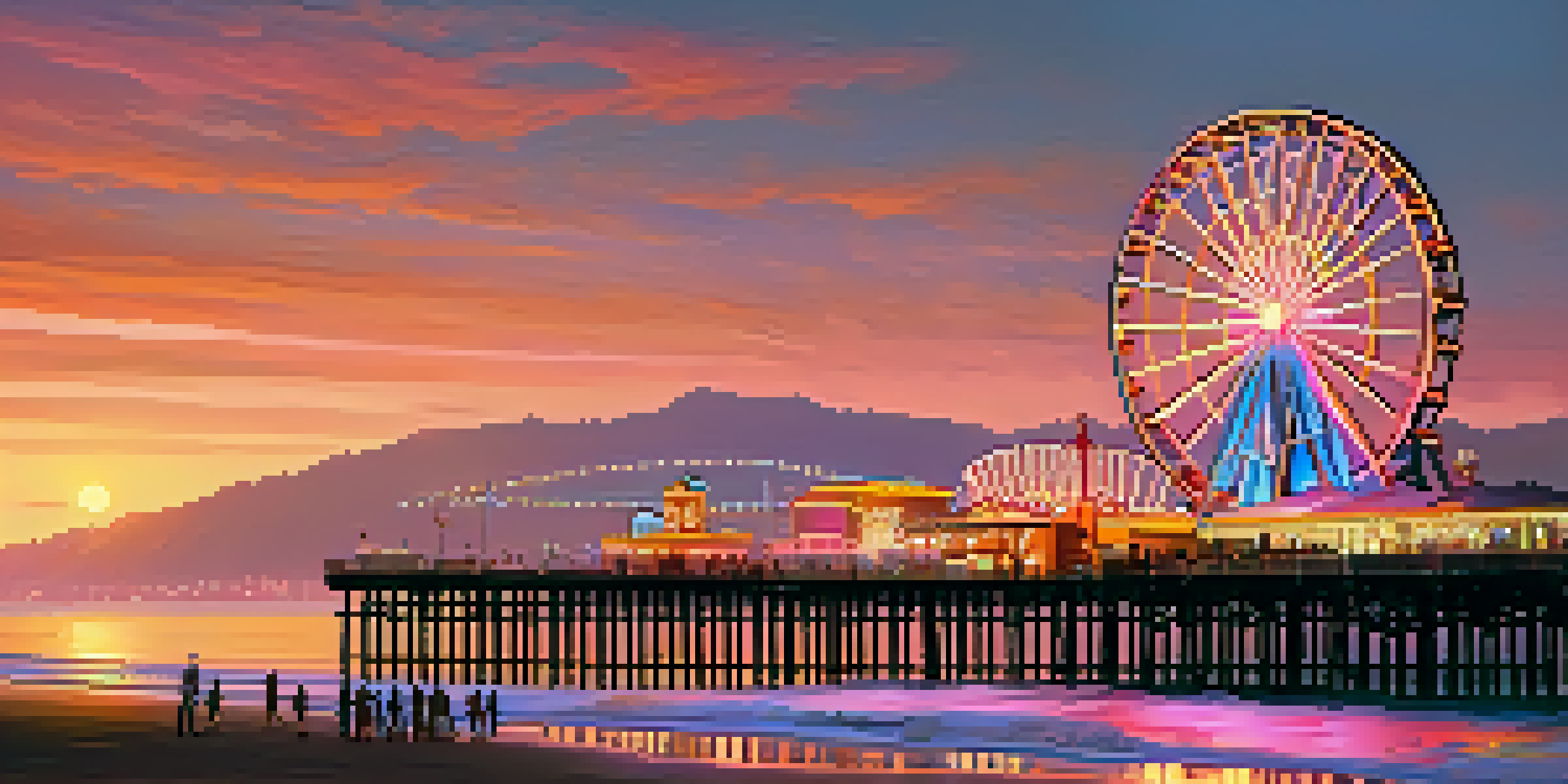 A colorful sunset view of Santa Monica Pier with families enjoying rides and street performers, illuminated by twinkling lights.