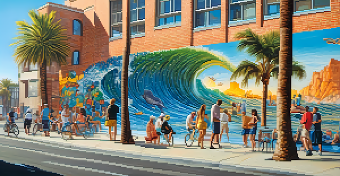 A colorful mural on a brick wall in Santa Monica, depicting ocean waves and marine life, with palm trees and locals nearby.