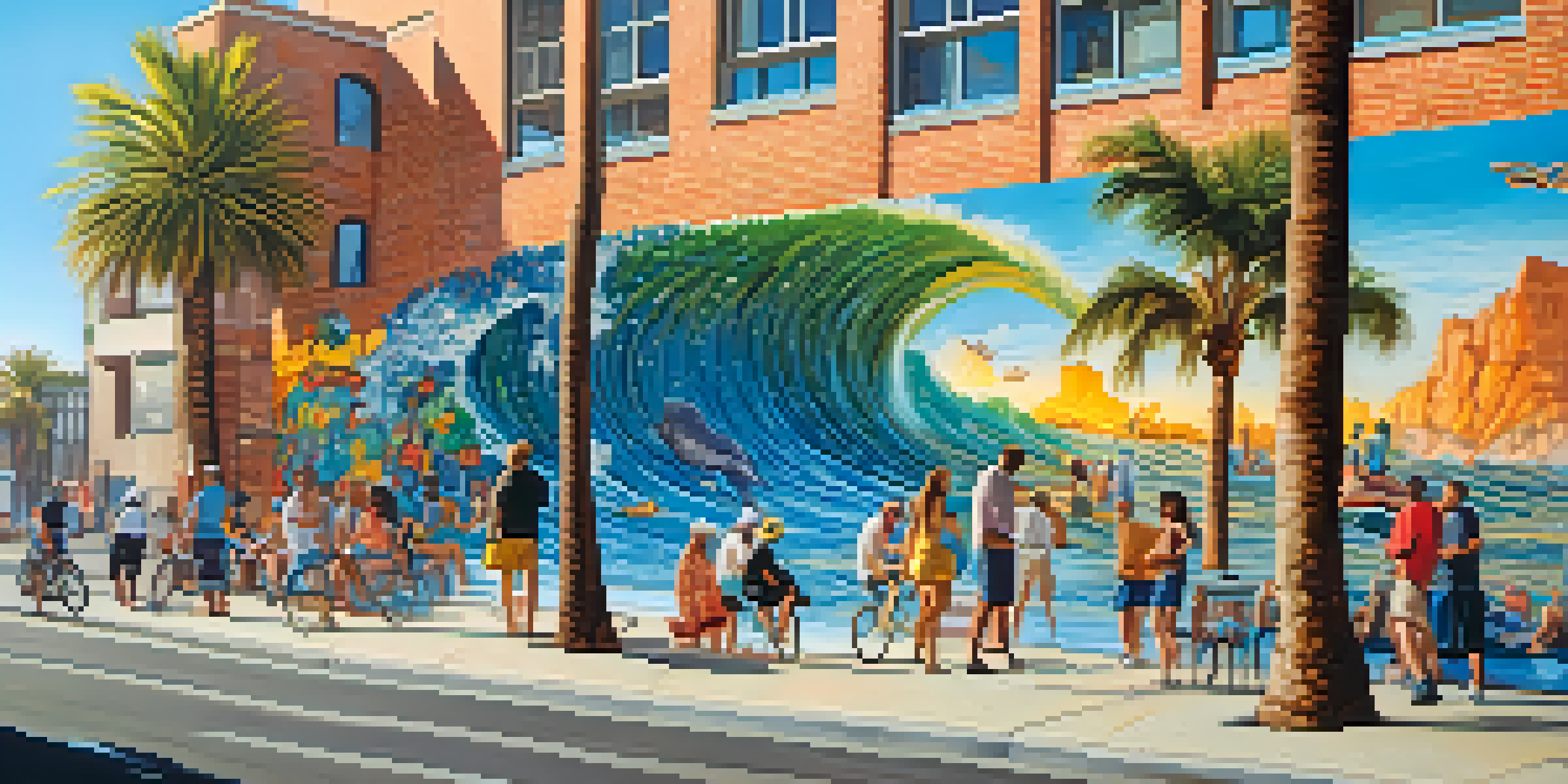 A colorful mural on a brick wall in Santa Monica, depicting ocean waves and marine life, with palm trees and locals nearby.