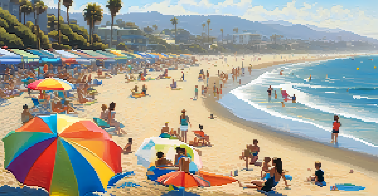 A sunny beach day in Santa Monica with families enjoying the sand, colorful umbrellas, and ocean waves.