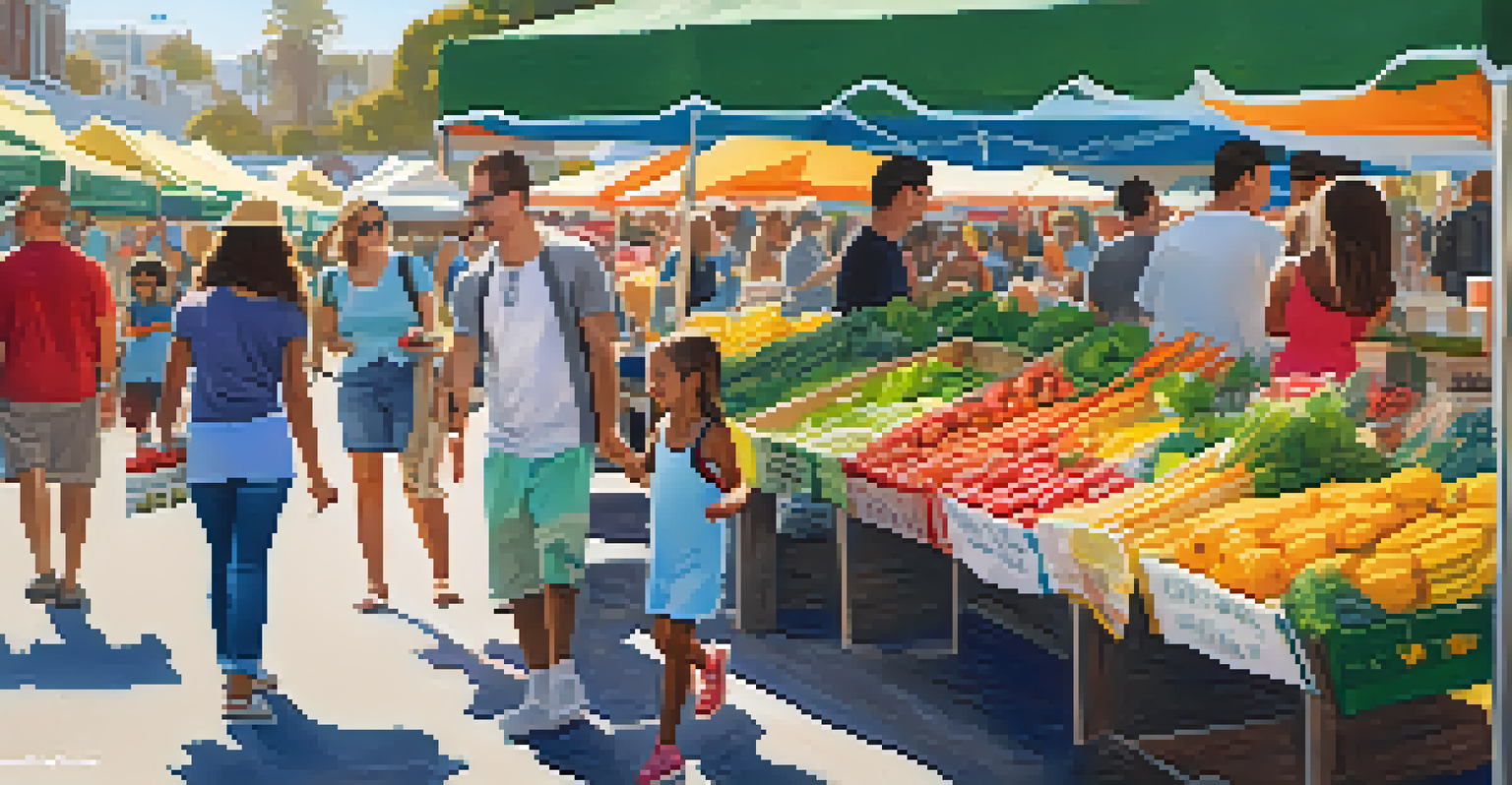 A family enjoying their time at the Santa Monica farmers market, with children sampling fresh produce and colorful food stalls in the background.