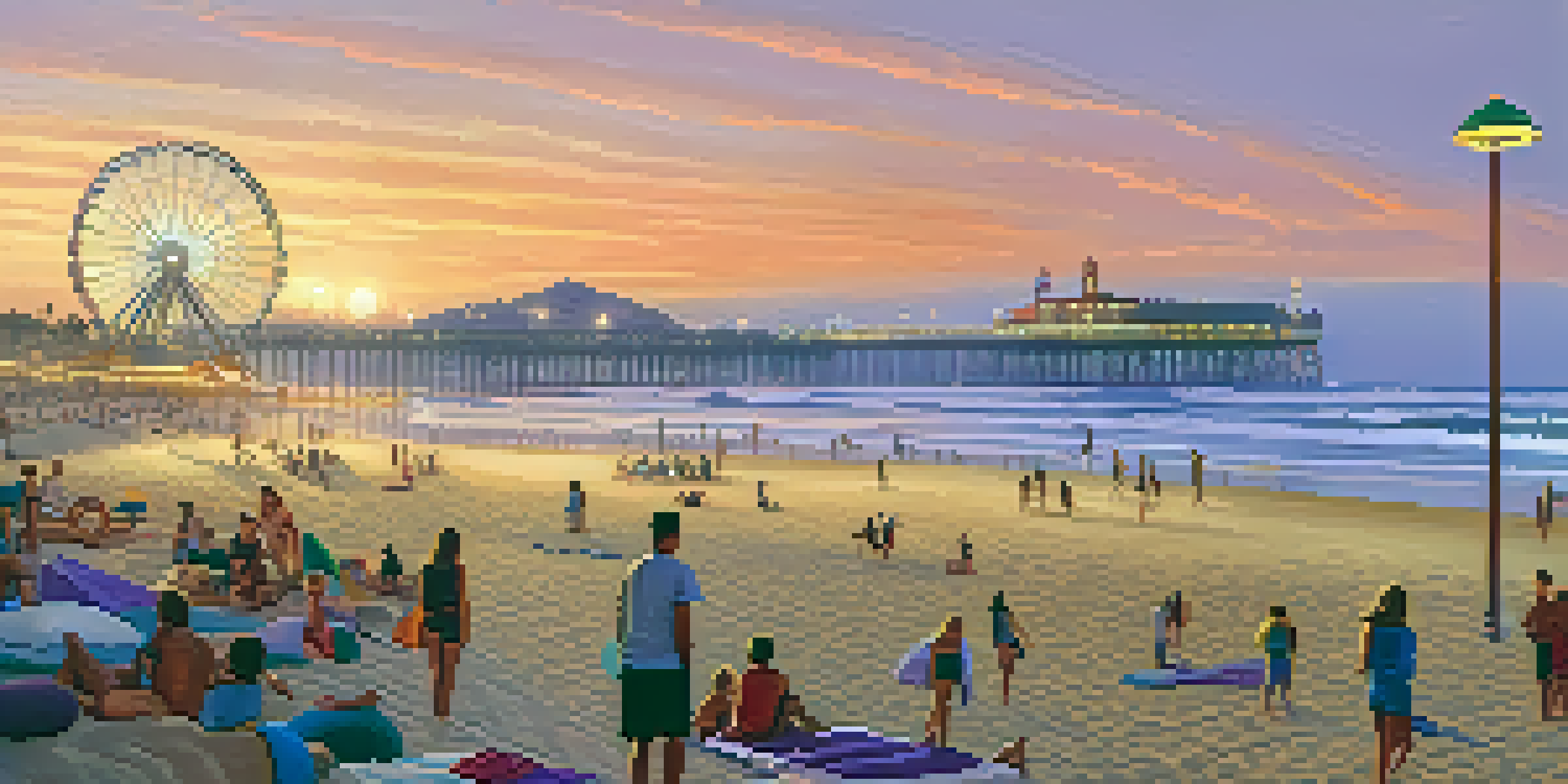 A picturesque sunset view of Santa Monica Beach with people relaxing on the sand and the Santa Monica Pier in the background.