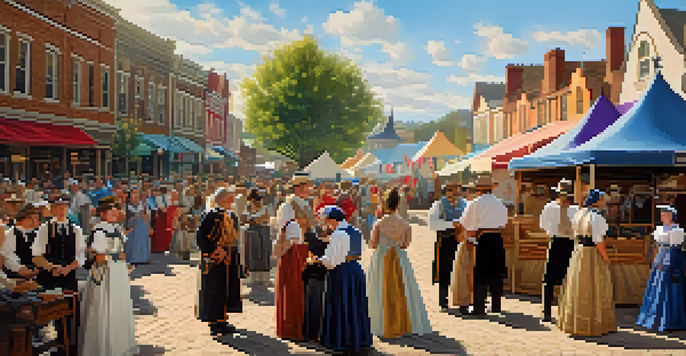 A community event with people in historical costumes engaging in reenactments, set in a sunny town square with colorful tents.