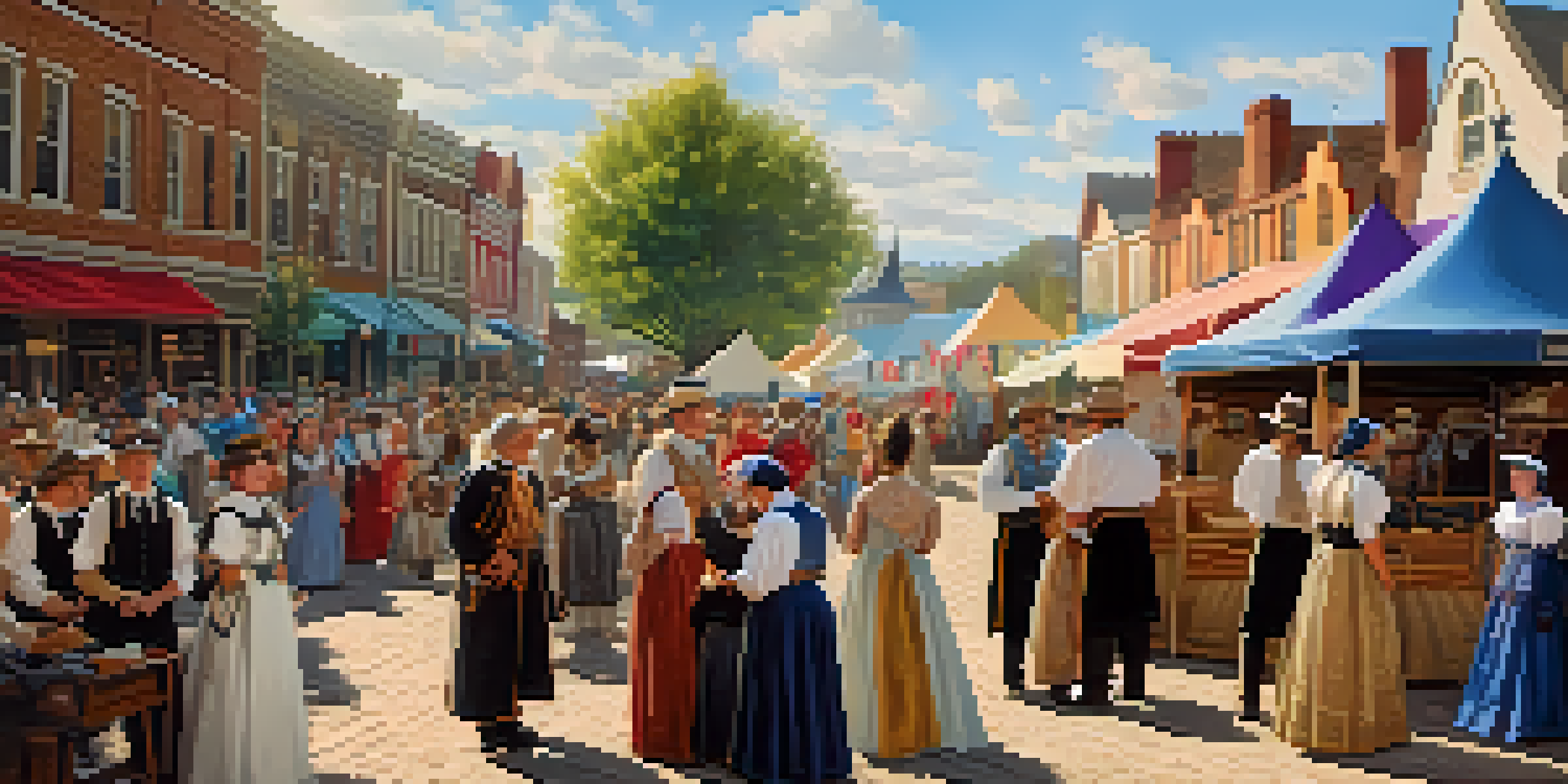 A community event with people in historical costumes engaging in reenactments, set in a sunny town square with colorful tents.