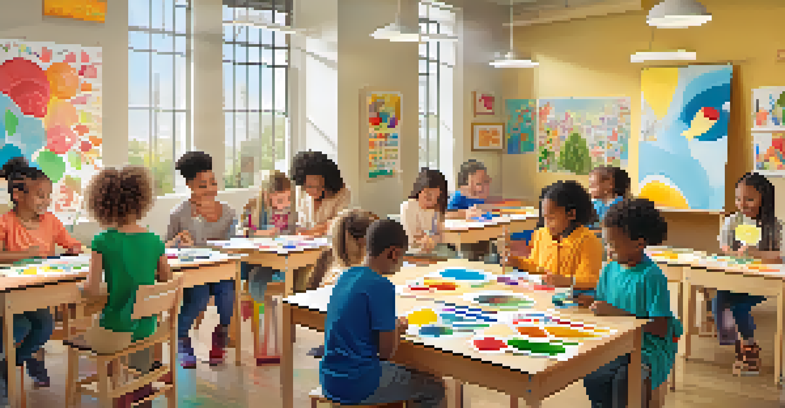 Children participating in a creative workshop in a colorful classroom led by a supportive teacher, surrounded by educational materials and bright natural light.