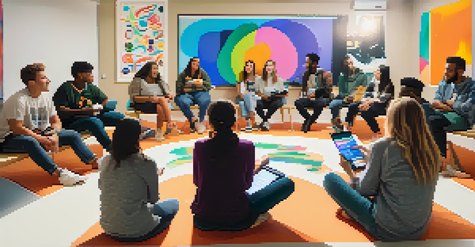 Young people participating in a podcast workshop at a community center in Santa Monica, discussing ideas with a projector in the background.