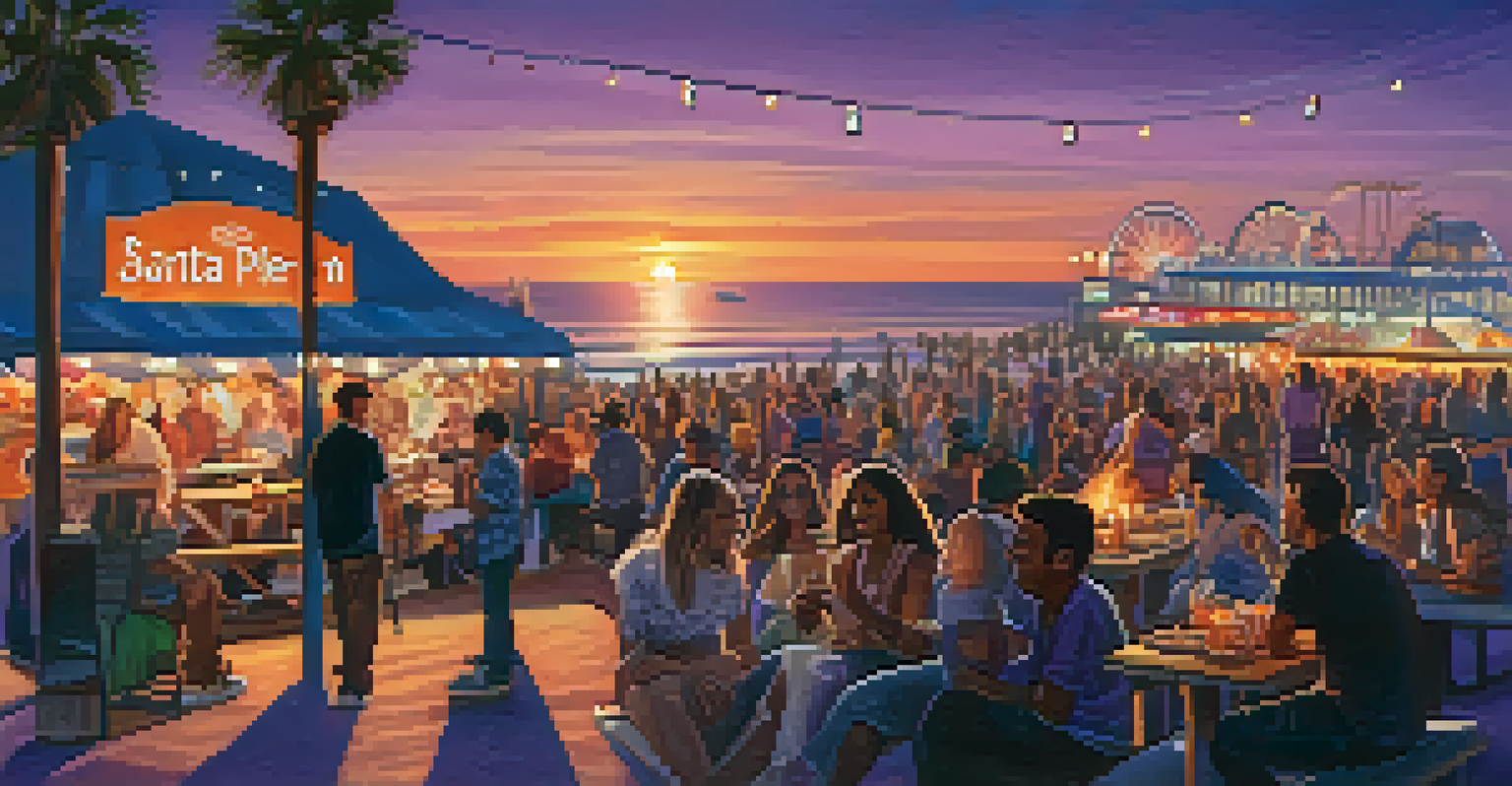 A lively outdoor concert at the beach with a sunset backdrop, people enjoying music and food trucks nearby.