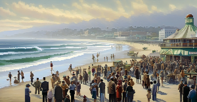 A historical scene showing families in Santa Monica during the Great Depression, gathering at the pier and sharing resources, with a foggy background.