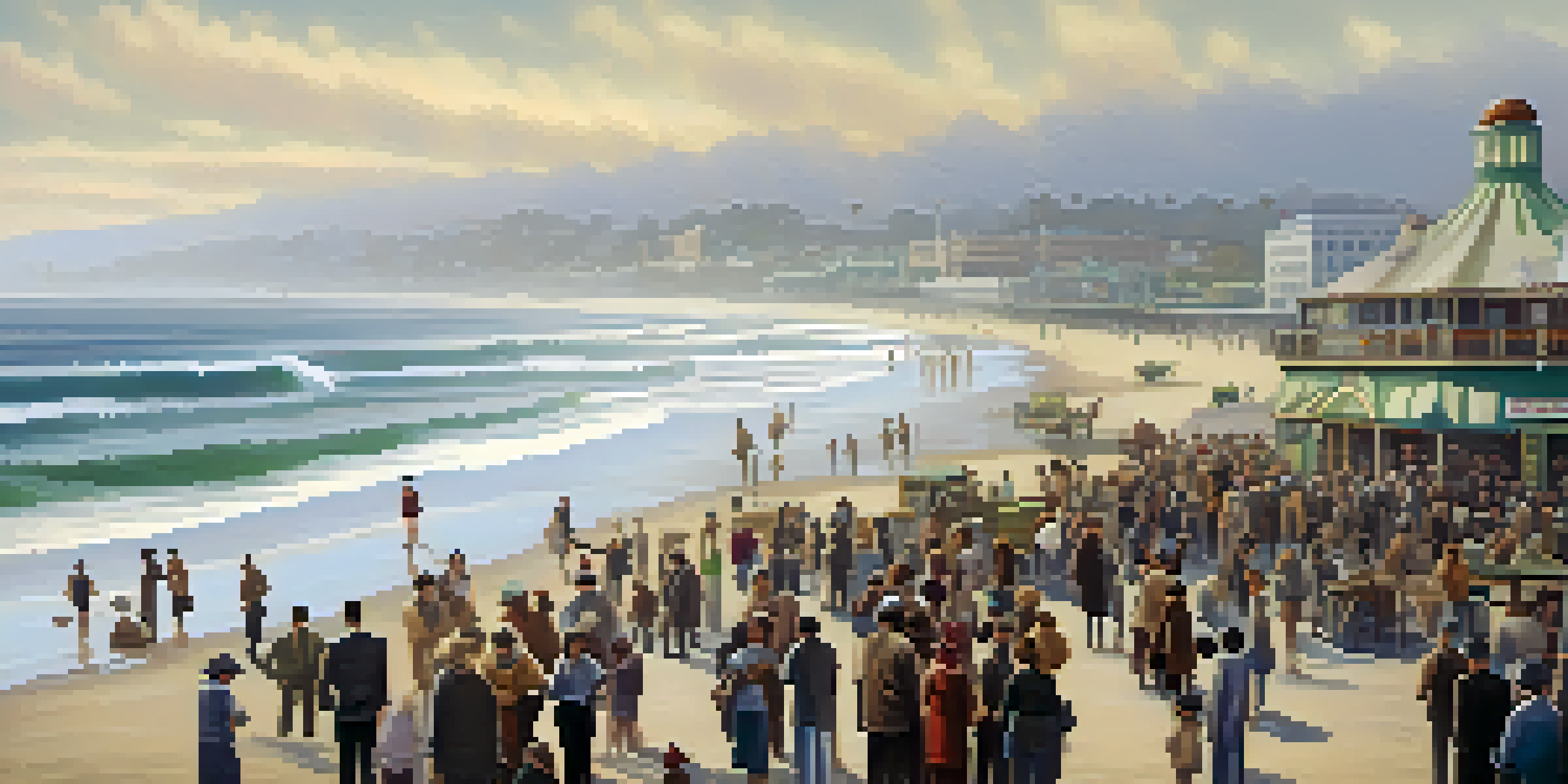 A historical scene showing families in Santa Monica during the Great Depression, gathering at the pier and sharing resources, with a foggy background.