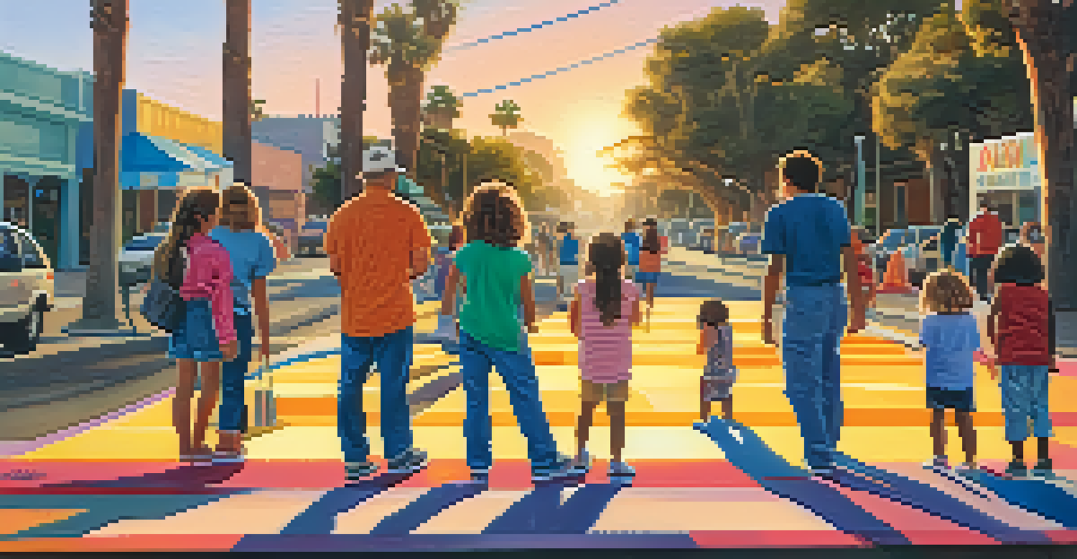Families on a guided art walk in Santa Monica, admiring murals and installations, with children pointing at the art and local artists interacting with visitors.