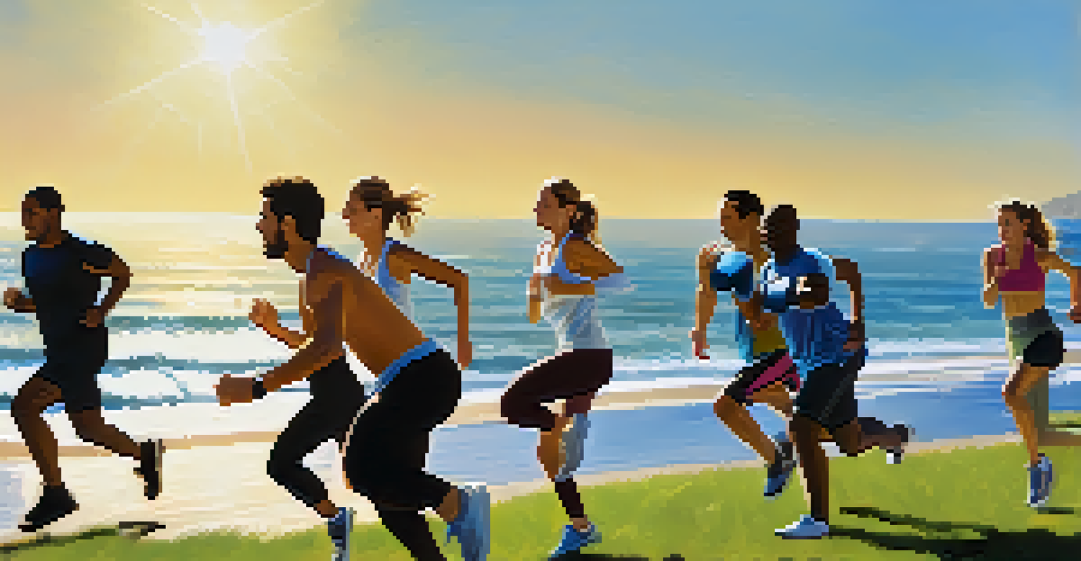 A group of individuals performing high-intensity exercises in Palisades Park with ocean views.