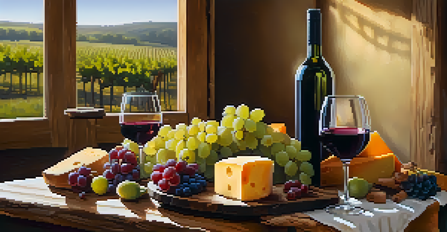 A cozy wine tasting setup with wine glasses, cheese, and fruits at a rustic vineyard.