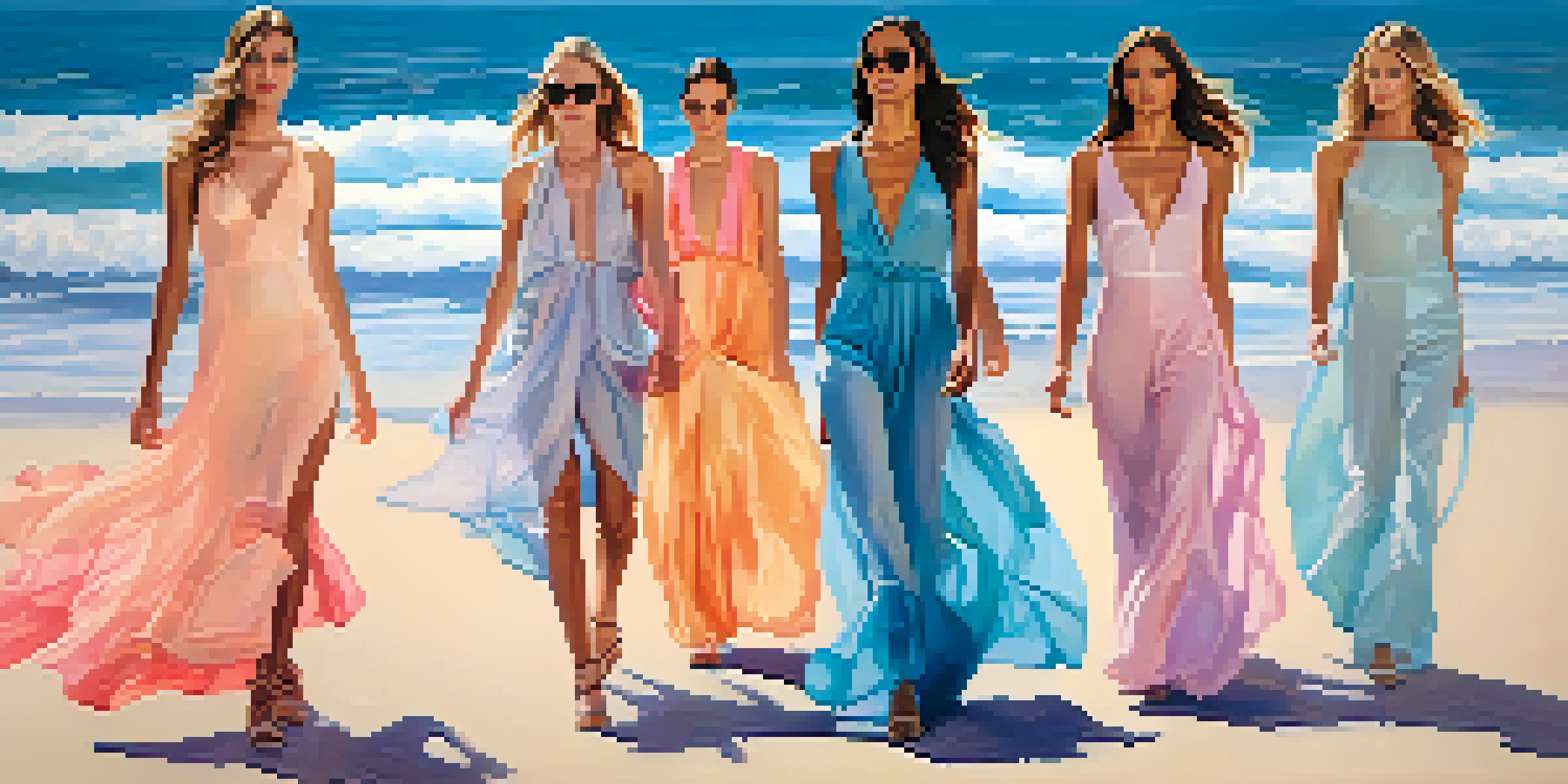 A colorful fashion runway in Santa Monica with diverse models in flowing pastel garments, set against a beach backdrop.