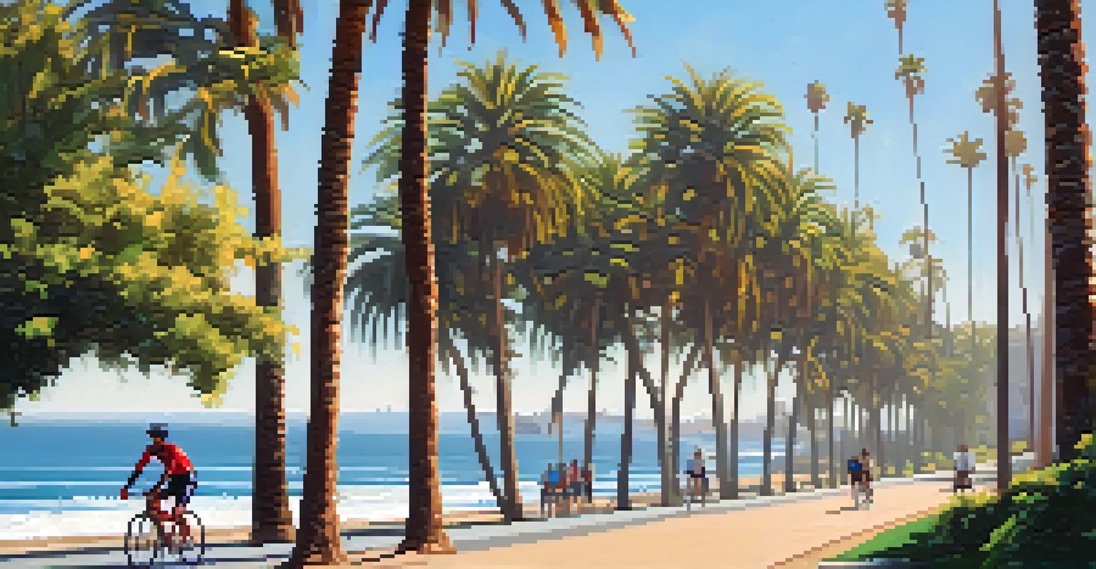 A scenic oceanfront bike path in Santa Monica, featuring cyclists, palm trees, and surfers catching waves under a clear blue sky.