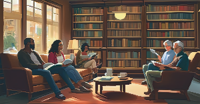 A group of diverse people sitting in a circle discussing books in a cozy bookstore, with warm lighting and bookshelves in the background.