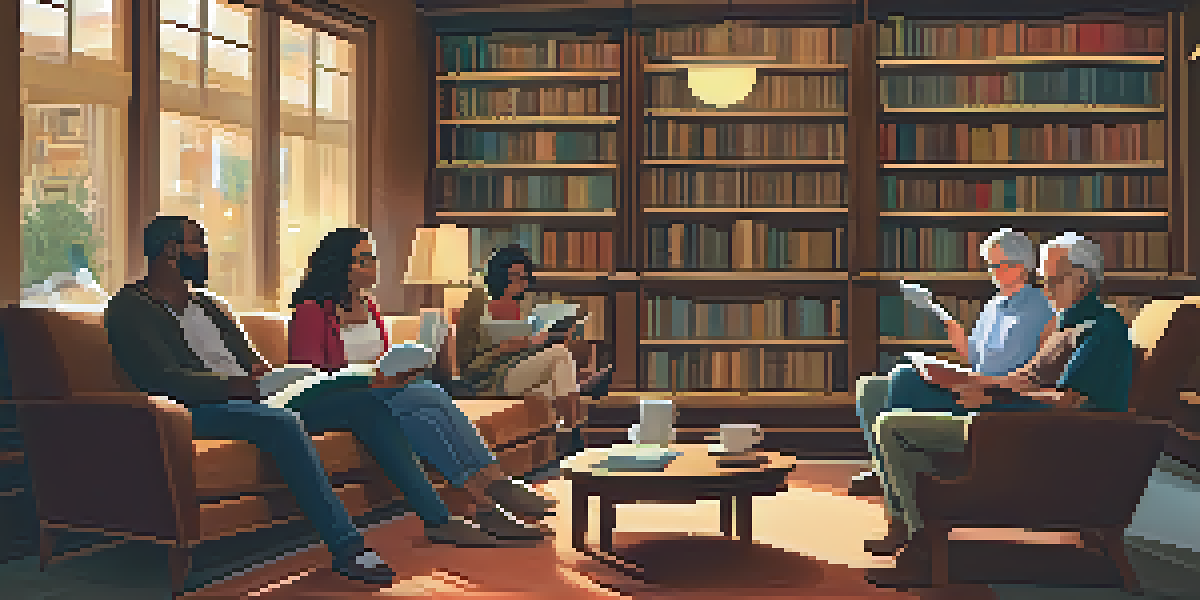 A group of diverse people sitting in a circle discussing books in a cozy bookstore, with warm lighting and bookshelves in the background.