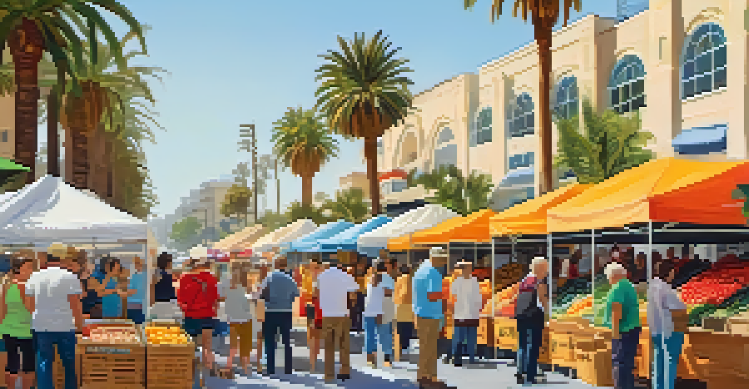 A farmers market in Santa Monica with vibrant stalls and community members interacting while shopping for fresh produce.