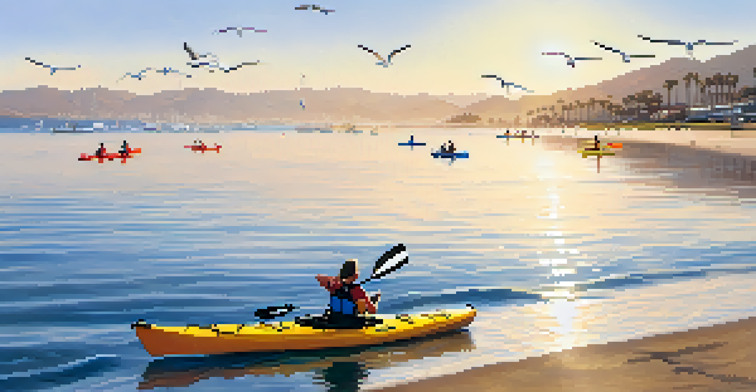 Kayakers paddling in the clear waters of Santa Monica with a bright sky and distant mountains.