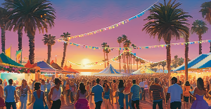 A lively outdoor music festival at sunset with people dancing, a colorful stage, and food vendors, set against the backdrop of the Pacific Ocean.