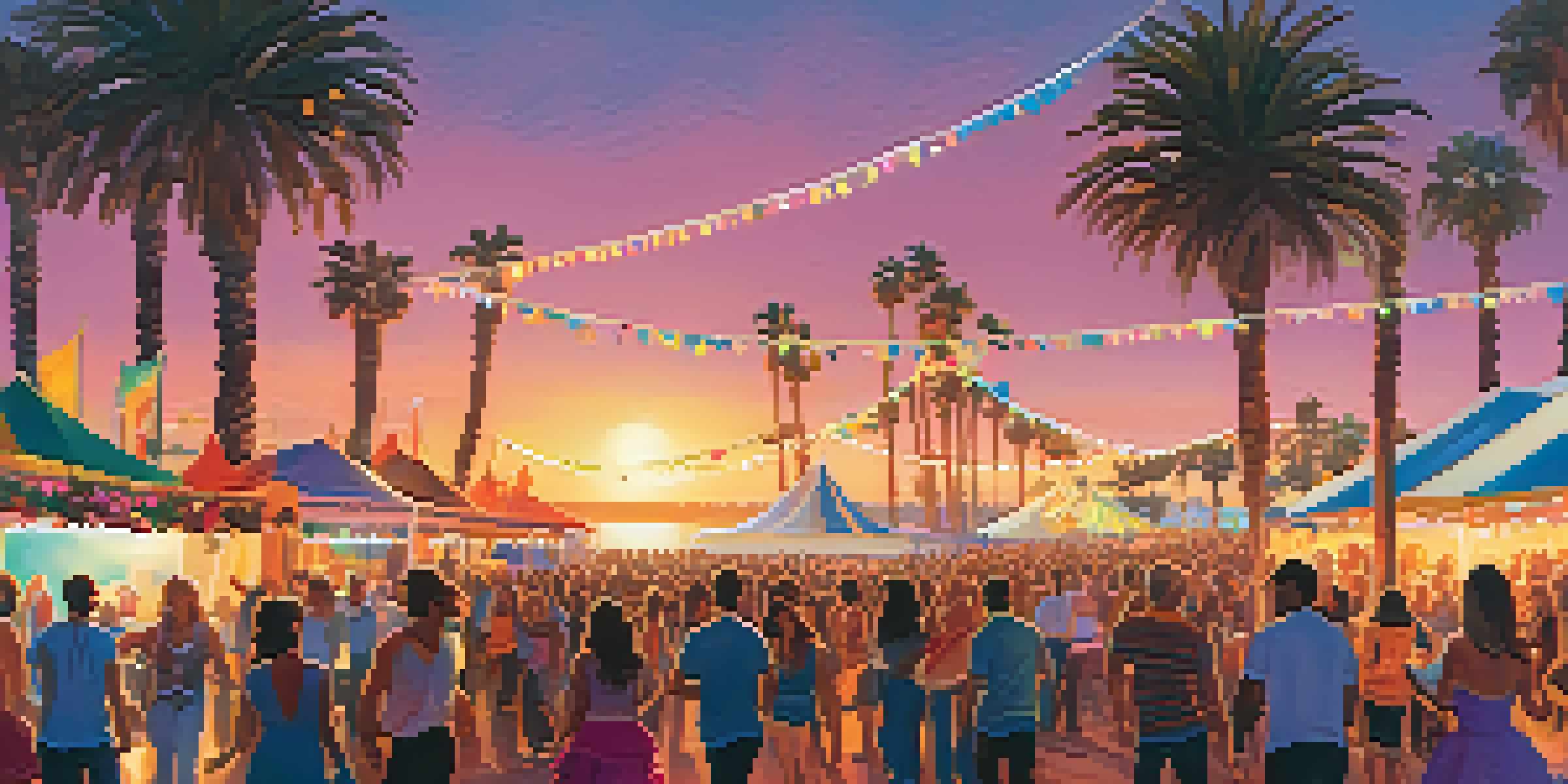 A lively outdoor music festival at sunset with people dancing, a colorful stage, and food vendors, set against the backdrop of the Pacific Ocean.