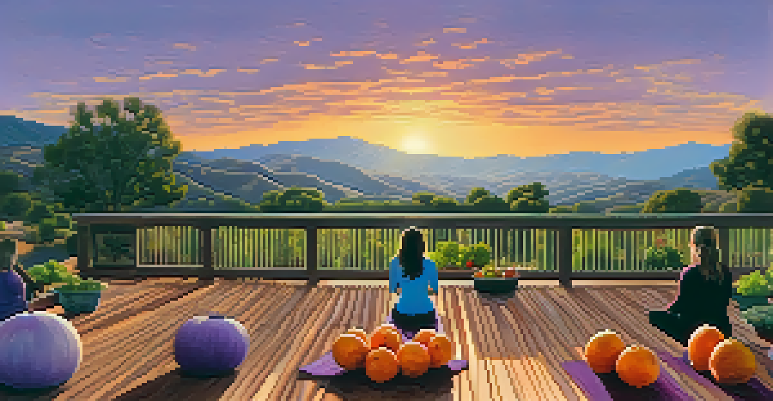 A yoga retreat in Ojai with practitioners on a deck and a farmers' market in the background.