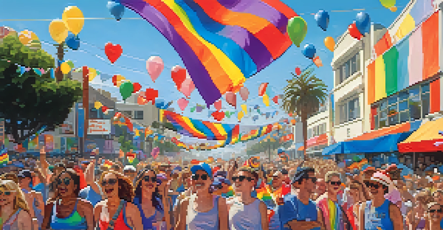 A festive Santa Monica Pride Festival parade with colorful floats, participants in rainbow attire, and a crowd of supporters cheering.