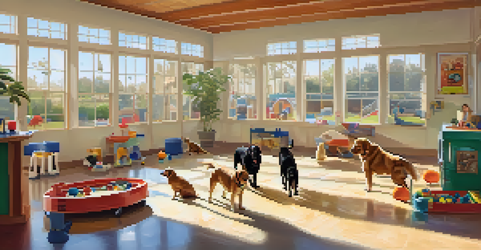 Dogs playing in a spacious and cheerful pet boarding facility with attentive staff.