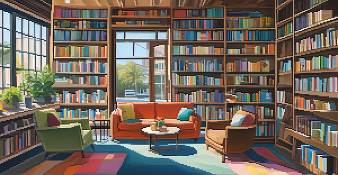 A warm and inviting independent bookstore with wooden shelves, a reading nook, and local artwork on the walls.