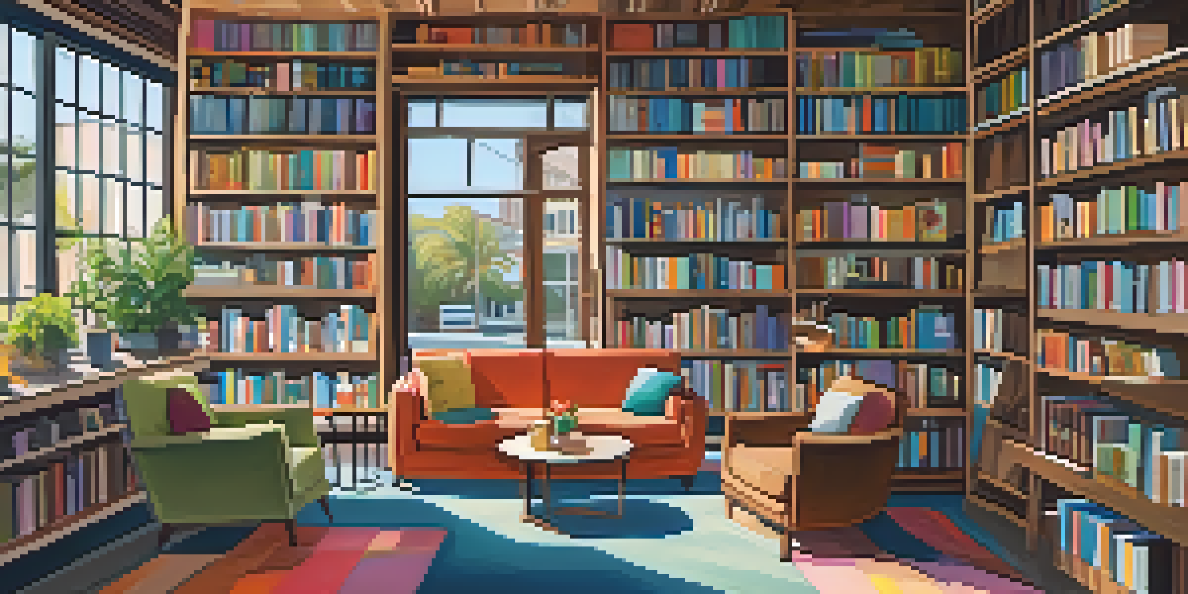 A warm and inviting independent bookstore with wooden shelves, a reading nook, and local artwork on the walls.