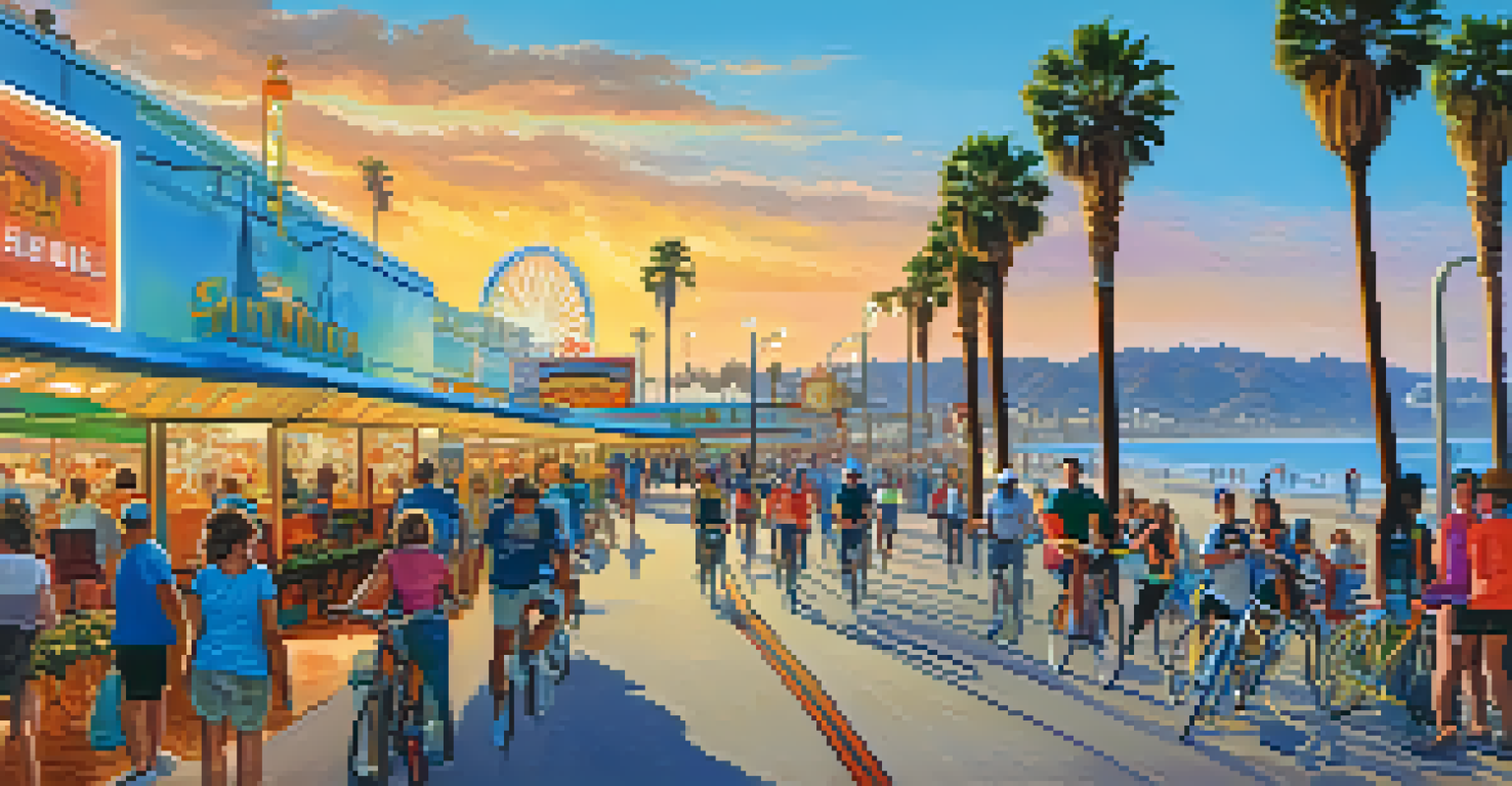 Cyclists riding along the Santa Monica Boardwalk with palm trees and the Santa Monica Pier in the background.
