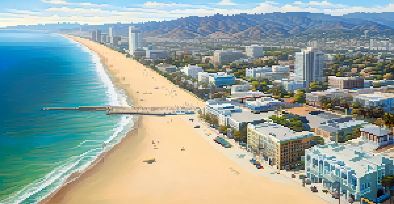 Aerial view of Santa Monica highlighting its beaches, cityscape, and mountains in the background.