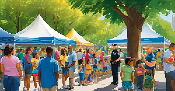 A community safety fair in a park with families and police officers interacting, colorful banners, and a bright sunny day.