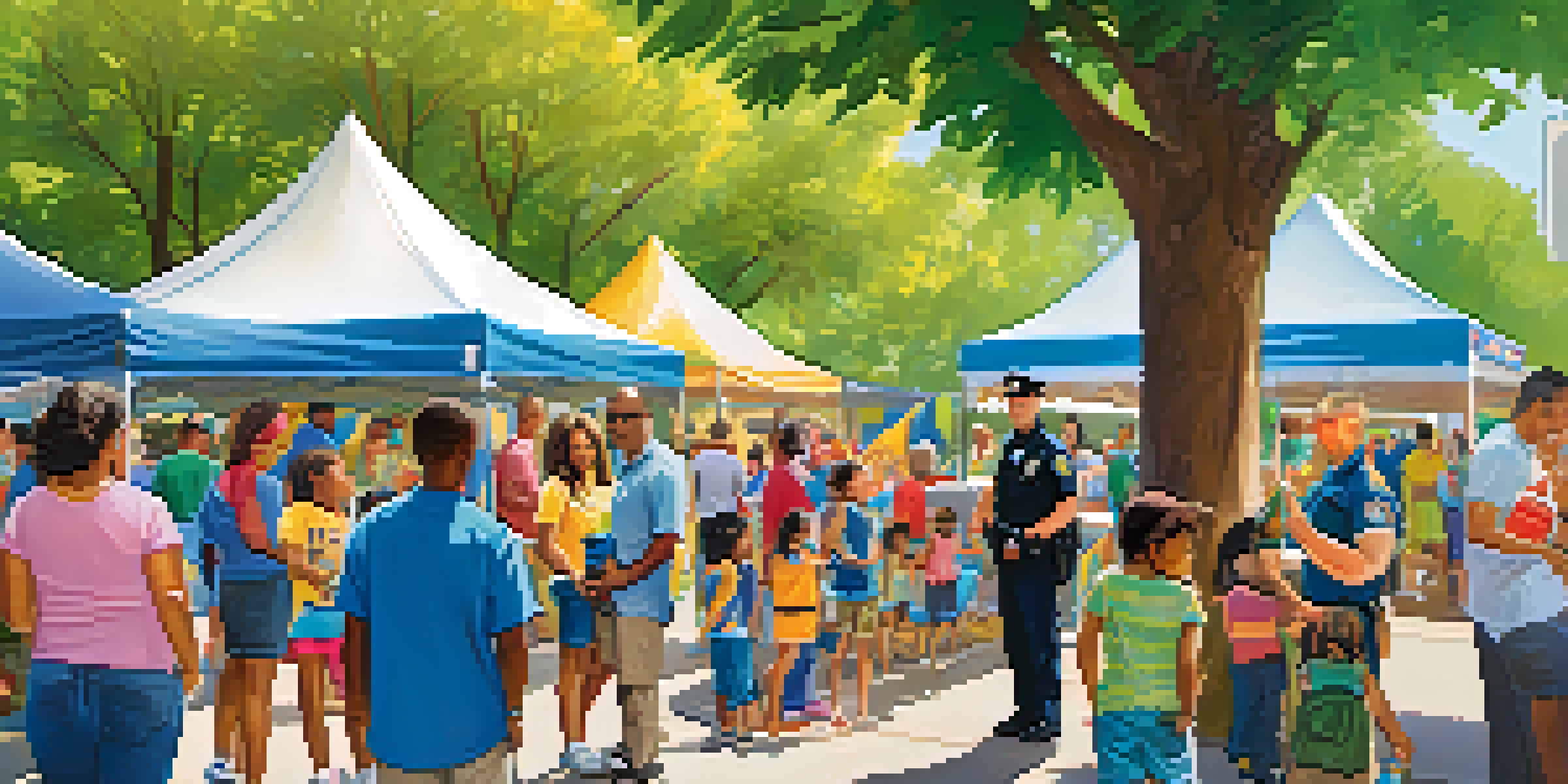 A community safety fair in a park with families and police officers interacting, colorful banners, and a bright sunny day.