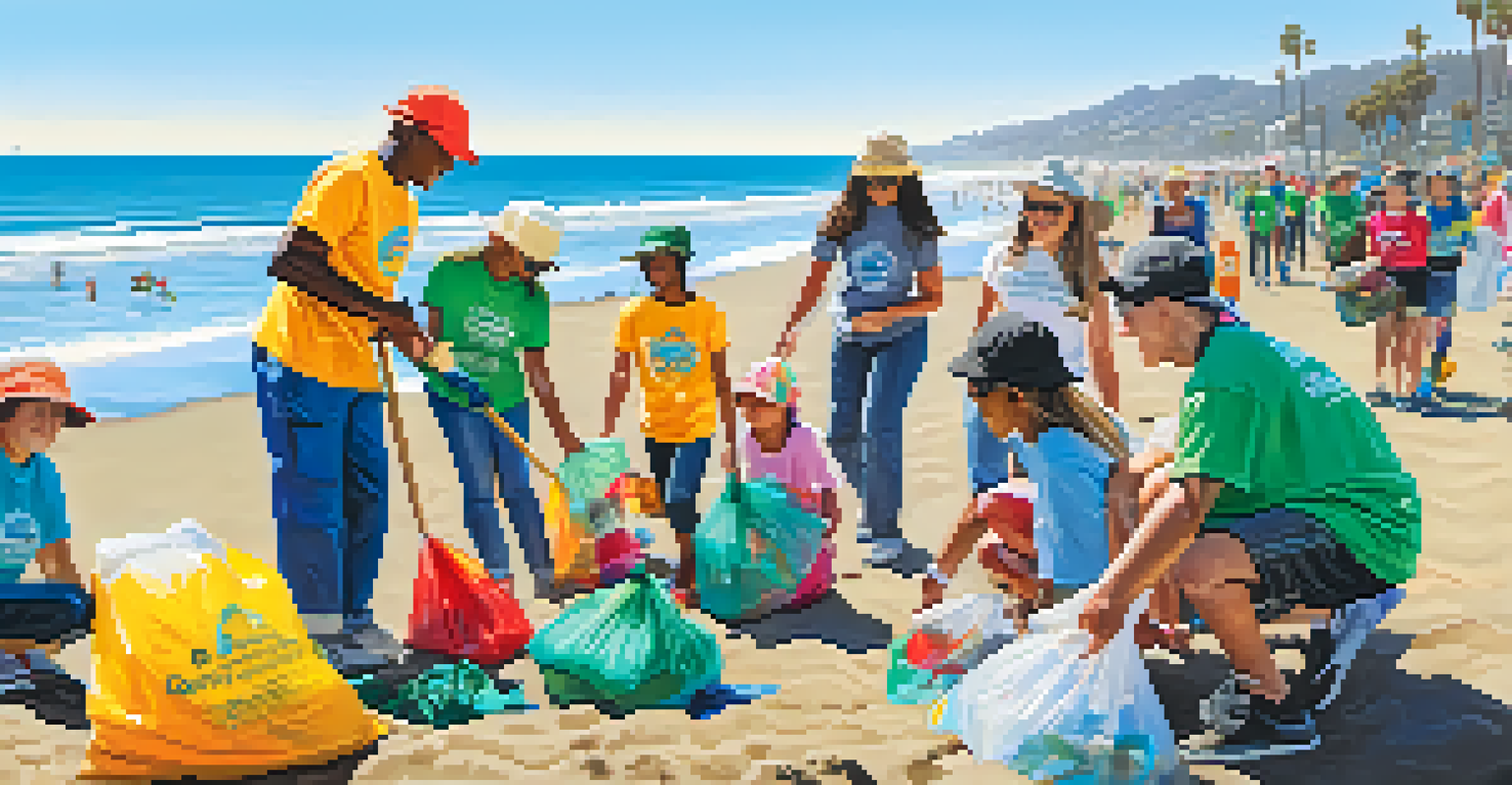 Volunteers participating in a beach clean-up event in Santa Monica, with a clear sky and ocean waves in the background.