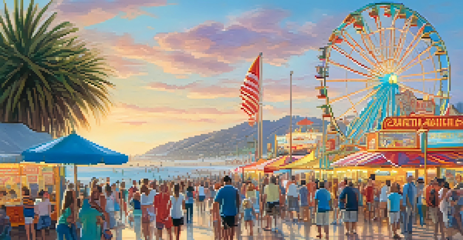 A vibrant scene at Santa Monica Pier with a Ferris wheel, families enjoying rides, and street performers entertaining visitors.