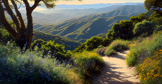 A hiking trail in Topanga Canyon with lush vegetation and a view of the ocean in the distance.