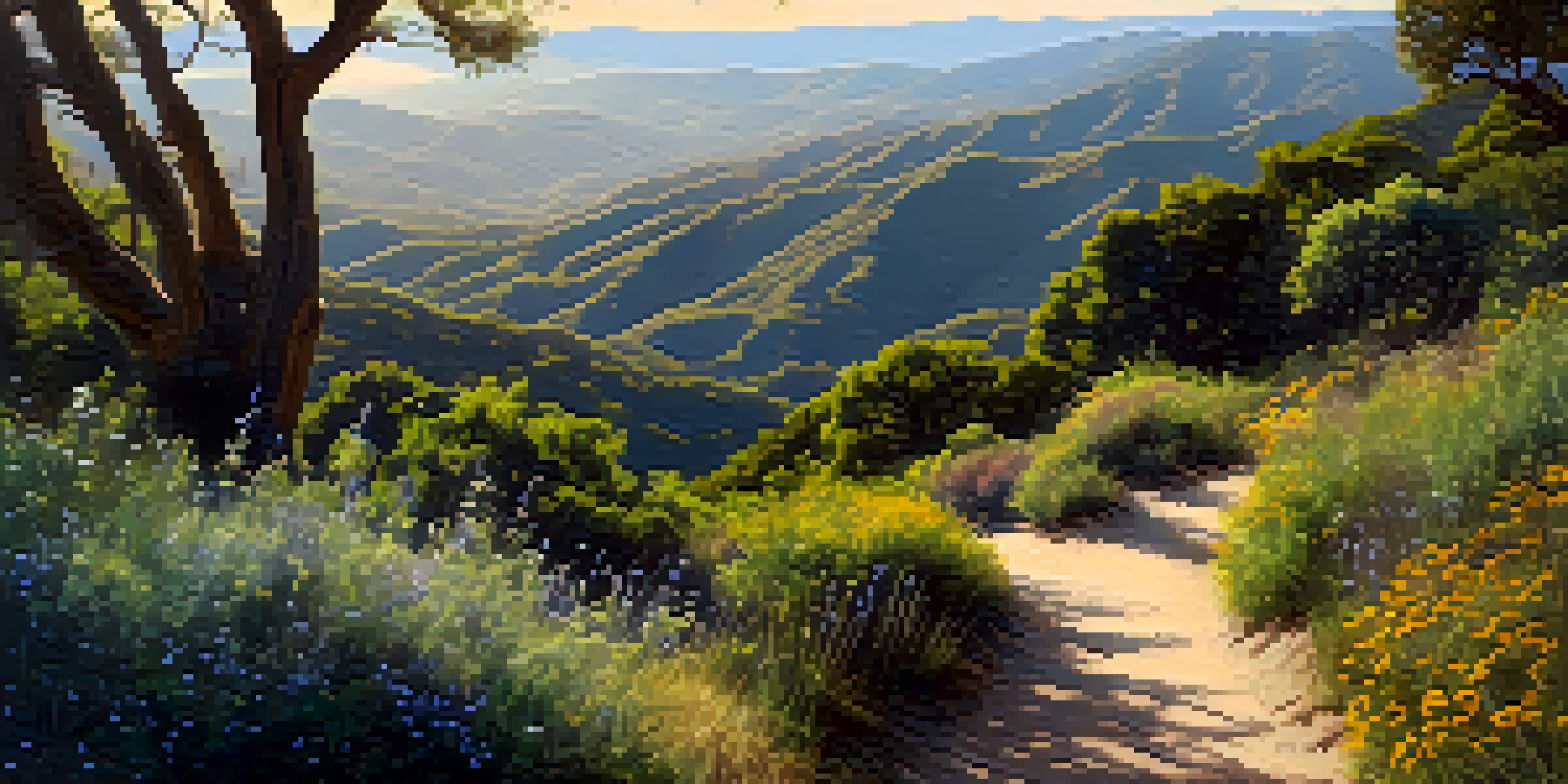 A hiking trail in Topanga Canyon with lush vegetation and a view of the ocean in the distance.